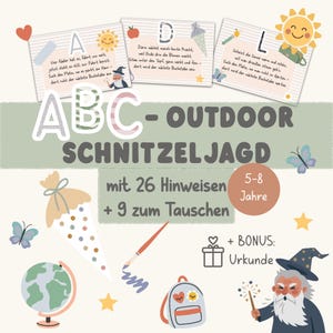 Puede incluir: Un juego de búsqueda al aire libre para niños de 5 a 8 años, con 26 pistas y 9 tarjetas de intercambio. El diseño incluye ilustraciones de un mago, un globo terráqueo, una mochila, mariposas y estrellas, con tarjetas de texto en alemán A, D, L.