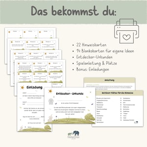 May include: A collection of printed cards and documents, including invitations and certificates, with text in German. The design features illustrations of a sun, trees, and a rabbit. The text includes "Das bekommst du:" and "Entdecker-Urkunde."