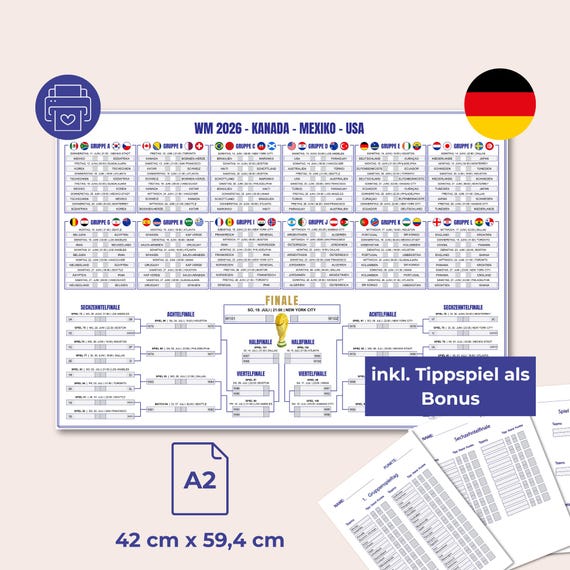 WM 2026 Spielplan auf deutsch inkl. Tippspiel - Fifa Weltmeisterschaft 2026 Poster zum ausdrucken PDF - A2 und A3 - Fußball Plan