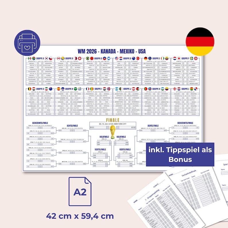 May include: A2 size poster with a soccer tournament bracket for the 2026 World Cup in Canada, Mexico, and the USA. The poster is 16.5 inches x 23.4 inches and includes a bonus tip sheet.