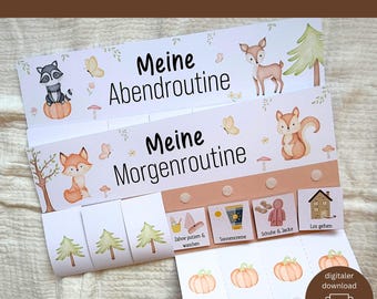 Morgen- & Abendroutine Kinder Waldtiere – Tagesplan Montessori, Routineplaner zum Ausdrucken Download, Morgenroutine Plan Kleinkind PDF
