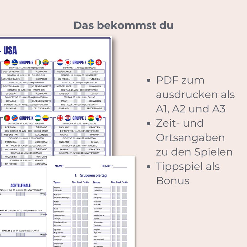 May include: A white paper with a schedule of games, team names, and a fill-in-the-blank section for points. The text includes "USA", "Gruppe E", "Gruppe F", "Gruppe K", "Gruppe L", and "Achtelfinale".