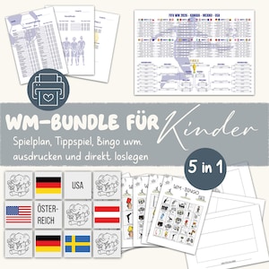 Può includere: Un pacchetto di materiali stampabili per la Coppa del Mondo per bambini, tra cui programmi di gioco, schede di suggerimenti e cartelle di bingo. L'immagine presenta una varietà di fogli stampati, carte bandiera e il testo "WM-BUNDLE FÜR Kinder".