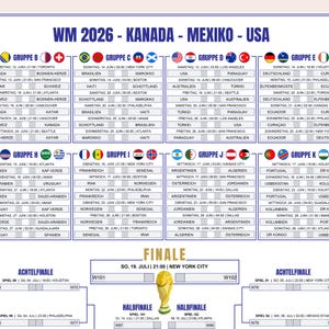 May include: A detailed schedule for the 2026 FIFA World Cup, hosted by Canada, Mexico, and the USA. The graphic displays match details, including dates, times, and locations for various groups and stages, culminating in the final in New York City.