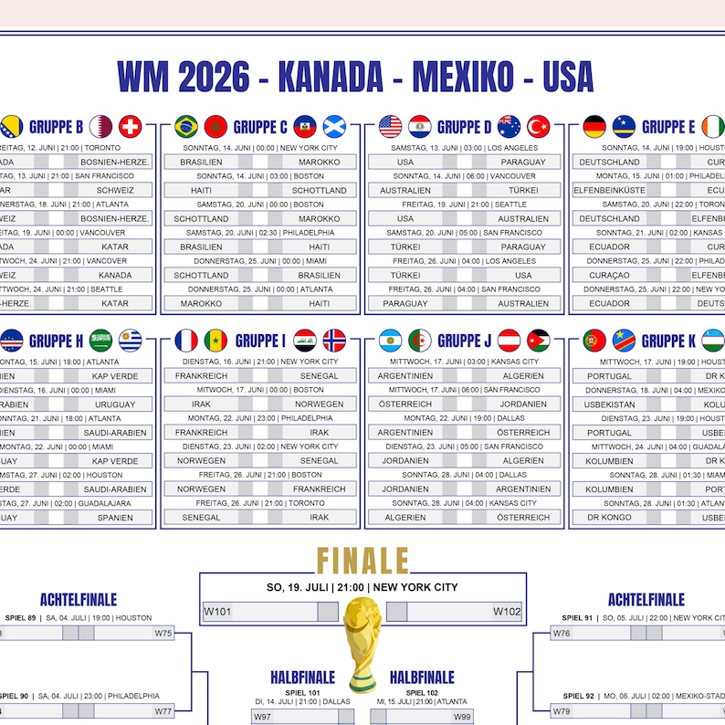 May include: A detailed schedule for the 2026 FIFA World Cup, hosted by Canada, Mexico, and the USA. The graphic displays match details, including dates, times, and locations for various groups and stages, culminating in the final in New York City.