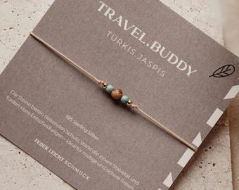 Travel Buddy Bracelet – Protective Talisman for Travel – Jasper & Turquoise Gemstone – Encouraging Mantra – Gift for a World Trip – Waterproof