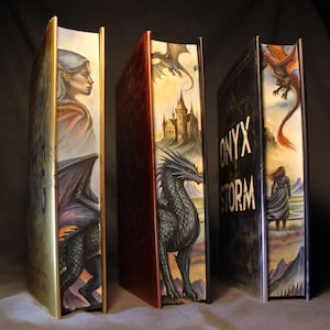 Könnte beinhalten: Drei Fantasy-Bücher mit bemalten Einbänden. Das erste Buch hat einen Drachen und eine Frau auf dem Buchrücken. Das zweite Buch zeigt eine Burg und einen Drachen. Das dritte Buch trägt den Titel "ONYX STORM" und eine Frau auf einem Feld.