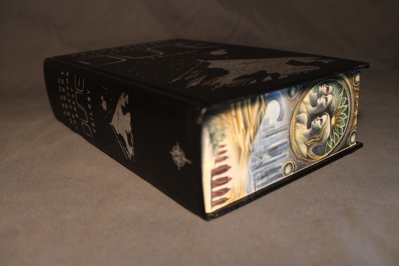 Op de afbeelding: Een zwart hardback boek met de titel "Dune Trilogy" in wit op de rug. De omslag toont een gedetailleerde illustratie van een landschap met een stel op de voorgrond.
