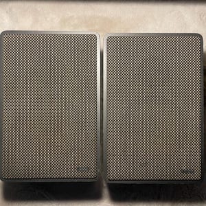 May include: A pair of black speaker grilles with a textured pattern. The grilles are rectangular and have a slightly rounded edge.