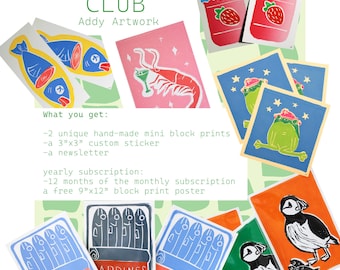 Mini Print Club, Handmade Linocut Prints & Stickers each month, Snail Mail Club