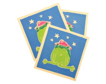 Grabado en linóleo de una rana con sombrero, ilustración animal tallada a mano, obra de arte de 5 x 5 pulgadas.