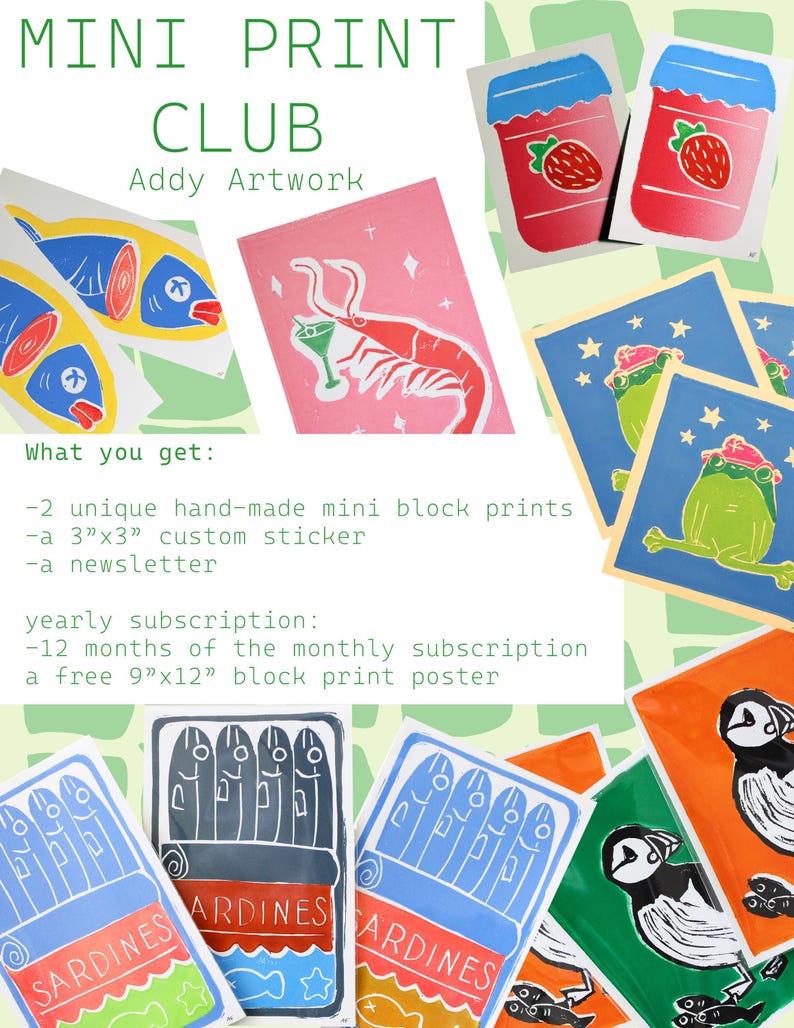 Mini Print Club, Handmade Linocut Prints & Stickers Each Month, Snail ...