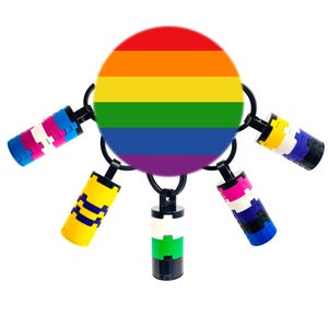 Könnte beinhalten: Ein farbenfroher Schlüsselanhänger mit einem Regenbogenkreis und fünf zylindrischen Anhängern. Jeder Anhänger zeigt ein anderes LGBTQ+-Pride-Flaggen-Design, einschließlich bisexueller, transgender und nicht-binärer Flaggen. Ein lebendiges Symbol für Inklusion.