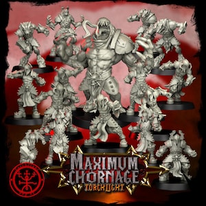 May include: A set of 13 grey plastic miniature figures, including a large, monstrous figure with a long tongue, and smaller figures with helmets and armor. The figures are arranged on black bases and are part of a game called "Maximum Chornage: Torchlight".