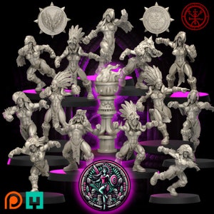 May include: A set of 13 grey painted miniature figures of women and men in various poses, some holding a ball. The figures are arranged around a tall, purple, flame-shaped pedestal. The figures are on black circular bases. There are three circular medallions with a white design on a black background. One medallion has a winged symbol, another has a circle with a star inside, and the third has a symbol with a circle and a cross.