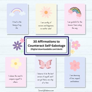 Afirmaciones para contrarrestar las tarjetas de terapia de autosabotaje, Fomento de la confianza, Cuidado personal, Atención plena, Recurso de salud mental, Regalo de bienestar