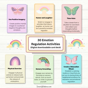 Baraja de 30 actividades de regulación de emociones, cartas terapéuticas, autocuidado, actividad de atención plena, recurso de salud mental, regalo de bienestar