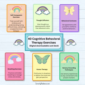 Tarjetas de ejercicios de terapia cognitivo-conductual, herramientas de terapia cognitivo-conductual, actividades de afrontamiento del estrés en la salud mental, alivio de la ansiedad, manejo del estrés
