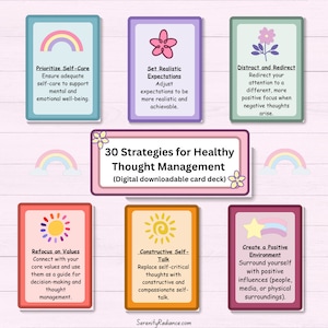30 stratégies pour une gestion de la pensée saine, cartes de thérapie, soins personnels, pleine conscience, ressource sur la santé mentale, positivité, cadeau bien-être