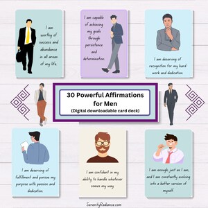 May include: A set of 30 affirmation cards for men. Each card features a different affirmation and a cartoon illustration of a man. The cards are designed to help men feel more confident, successful, and fulfilled.