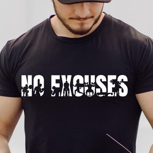 May include: A man wearing a black t-shirt with the text "NO EXCUSES" in white, a black baseball cap, and black trousers. He is holding a jump rope in each hand.