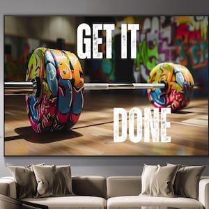 Get It Done | Motivational Gym Poster | Graffiti Barbell Art | Man Cave Decoration | Framed Canvas Wall Art | Inspirational Gym Picture