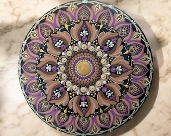 8" Mandala Stone: Brown & Mauve | Dot Art Mandala Stone | Mandala Dot Art Decor | Hand Painted Rock | Meditation Stones | Gifts | Decoration