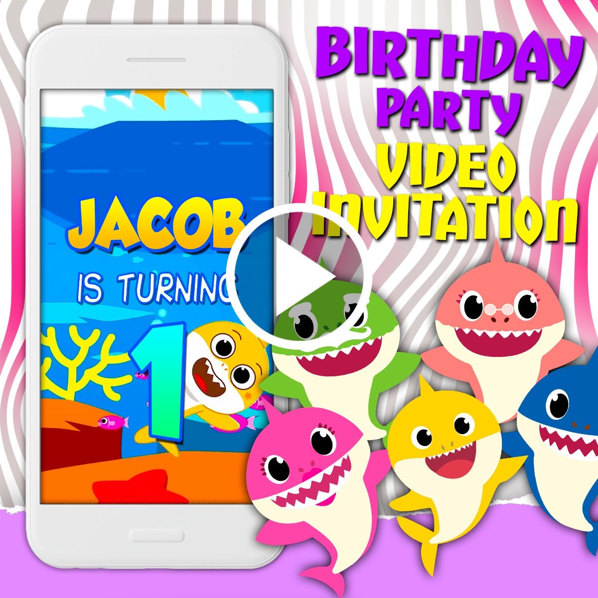 Baby shark birthday party video invitation shark digital animated video girl and boy mobile personalized video invite