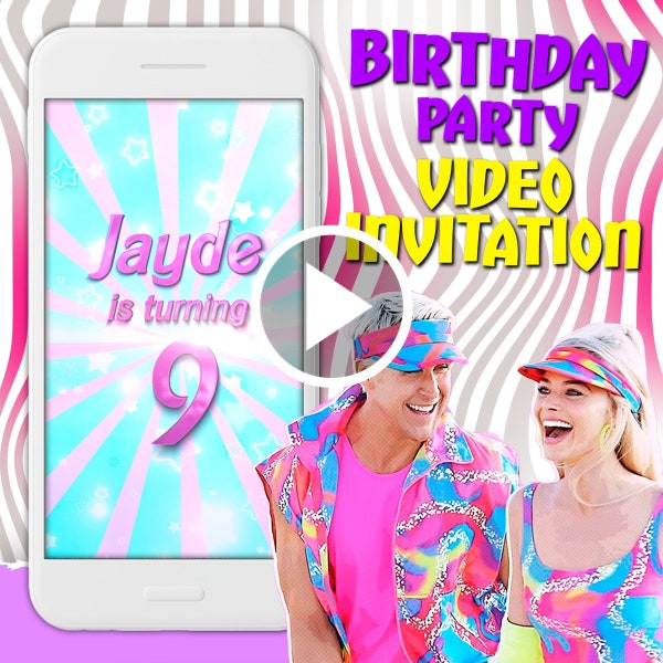 Girly movie birthday party video invitation, pink doll digital animated video, mobile personalized video invite for girl