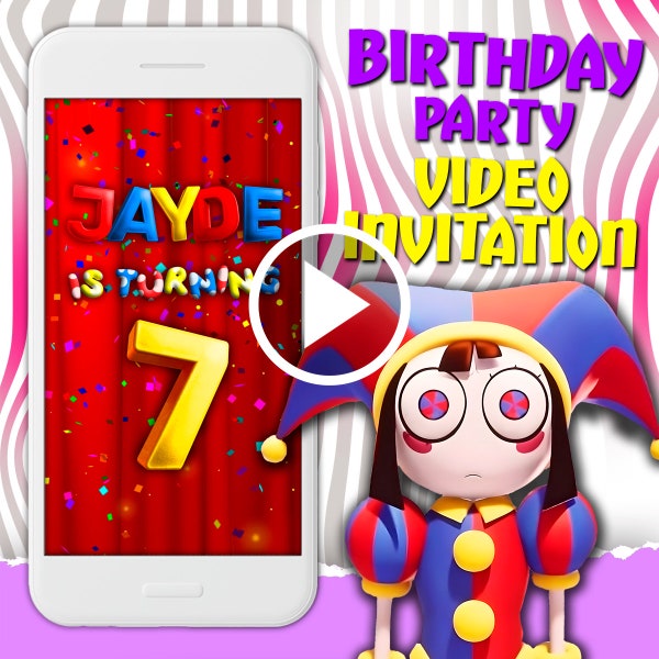 Amazing digital circus birthday party video invitation, Pomni digital animated video, girl and boy mobile personalized video invite