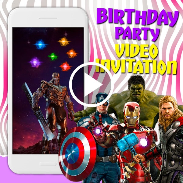 The Avengers birthday party video invitation, Marvel superheroes digital animated video, girl and boy mobile personalized video invite