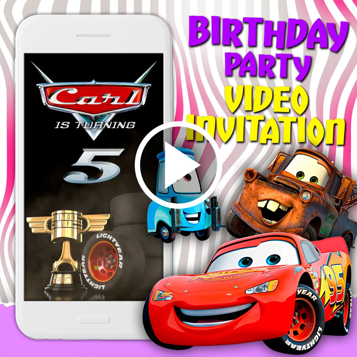 Cars movie birthday party video invitation Lightning McQueen digital animated video boy mobile personalized video invite