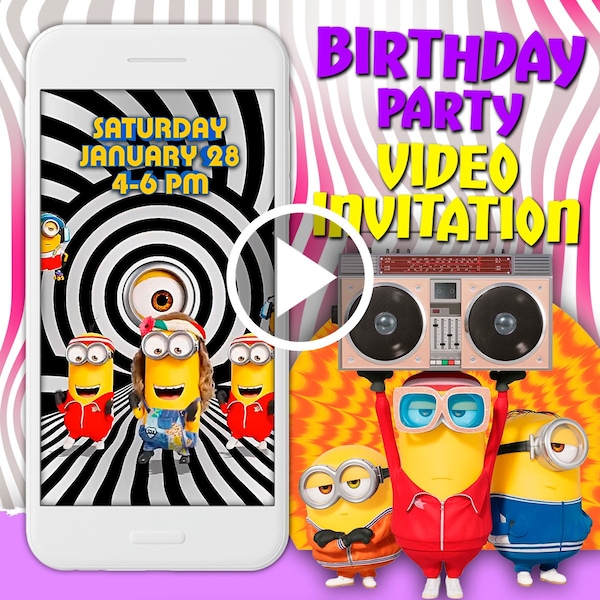 Minions video-uitnodiging voor verjaardagsfeestje, digitale geanimeerde video voor kinderen, mobiele gepersonaliseerde video-uitnodiging voor meisjes en jongens