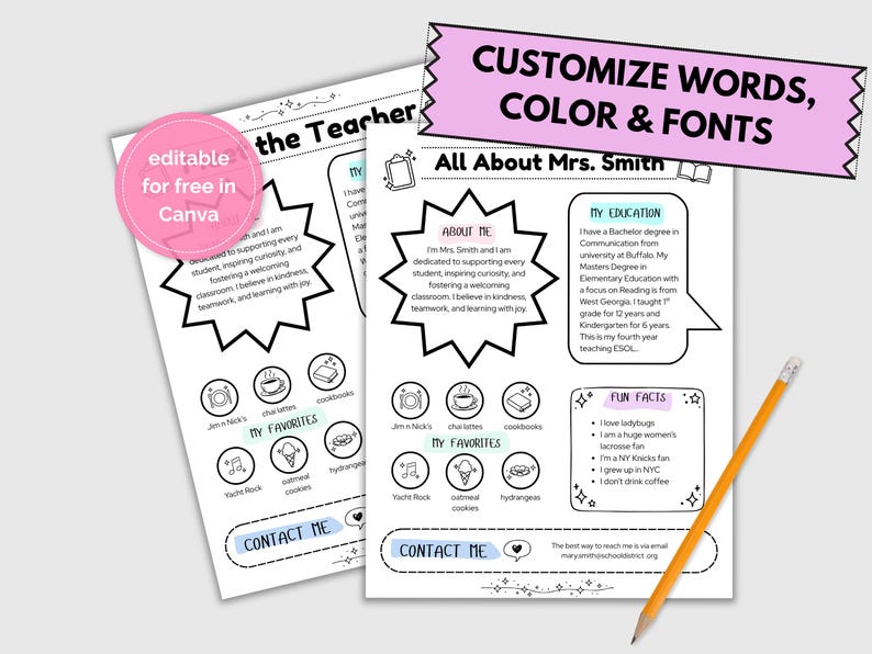 Editable All About Me, Meet the Teacher Template, Open House, Back to ...