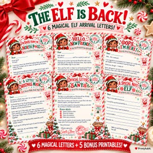 May include: A set of six decorative Christmas elf arrival letters featuring festive red and green borders, candy cane motifs, and illustrations of elves. The text includes titles like The Elf Is Back, Hello New Friend, and Official Letter From Santa.