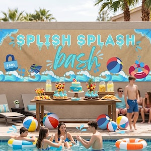 May include: A party scene with a banner that reads "Splish Splash Bash". The scene includes a pool, beach balls, and a table with food and a cake. People are in the pool and enjoying the party.
