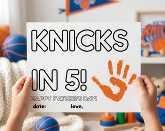 Lavoretto con impronta della mano per la Festa del Papà a tema Knicks in 5, regalo stampabile per papà appassionati di basket, lavoretto per bambini tifosi di New York, attività di colorazione per appassionati di sport, ricordo fai da te