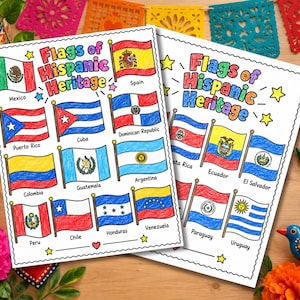 May include: Two white paper sheets featuring hand-colored illustrations of various national flags labeled Flags of Hispanic Heritage. The flags include Mexico, Spain, Puerto Rico, Cuba, Dominican Republic, Colombia, Guatemala, Argentina, Peru, Chile, Honduras, Venezuela, Costa Rica, Ecuador, El Salvador, Paraguay, and Uruguay.