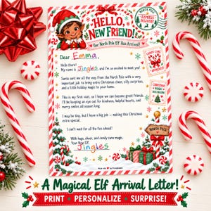 May include: A rectangular Christmas letter titled Hello, New Friend! featuring a cartoon elf, red and green holiday graphics, and text addressed to Emma from Jingles. The border includes candy canes, snowflakes, and a North Pole stamp.
