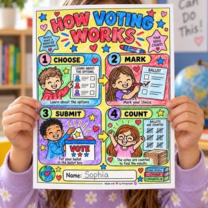 Puede incluir: Un póster educativo colorido titulado How Voting Works, que presenta cuatro pasos numerados: 1 Choose, 2 Mark, 3 Submit y 4 Count. La guía ilustrada incluye personajes de dibujos animados, estrellas, corazones y texto explicativo.
