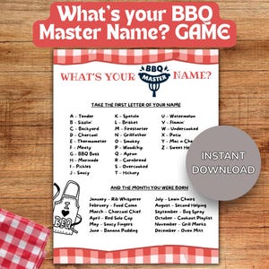 Pode incluir: Um jogo com tema de churrasco com uma borda xadrez vermelha e branca. O jogo é intitulado "Qual é o seu nome de mestre do churrasco?" e inclui uma lista de palavras e frases relacionadas ao churrasco para determinar um nome divertido.