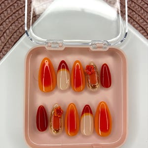 Tropical Press On Nails | Orange & Gold Floral Design | Gel Nails | Handmade Nail Set of 10 | Reusable Custom Nails