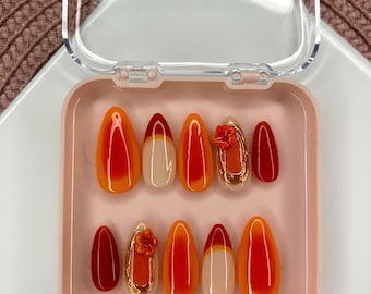 Orange Floral Press On Nails | Handmade Gel Nail Set