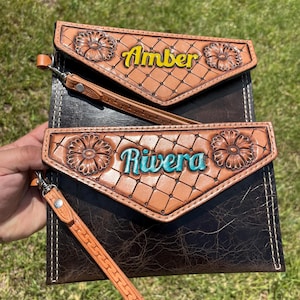 Custom tooled leather wristlet pouch