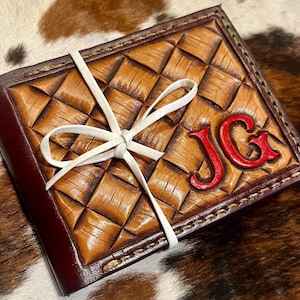Custom Hand Tooled Basket weave Bi-fold with initial/ brand