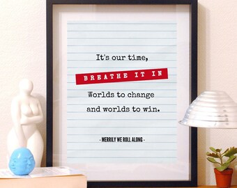 Paroles de chanson et traduction Merrily We Roll Along Théâtre musical Broadway - Téléchargement des paroles | Our Time Impression d'art mural Groff Radcliffe Sondheim Citation typographie imprimable