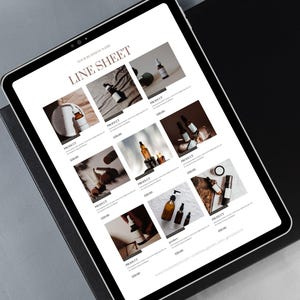Modern minimalist Canva catalog template shown with neutral branding and product placeholders.