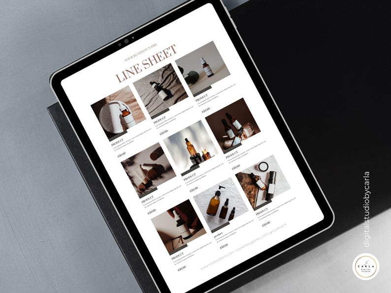 Modern minimalist Canva catalog template shown with neutral branding and product placeholders.