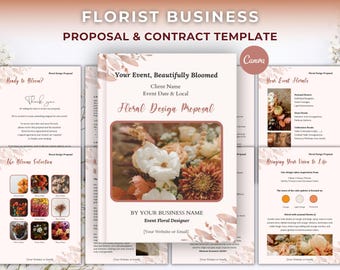 May include: A digital florist business proposal and contract template set featuring a soft peach and white color palette, floral graphics, and text including "Florist Business Proposal & Contract Template" and "Your Event, Beautifully Bloomed."