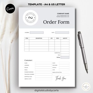 Minimalistisk kundorderformulär | Redigerbar mall för orderformulär | Kundorderblad med logotyp | Digitalt orderformulär för Canva-design, nedladdning